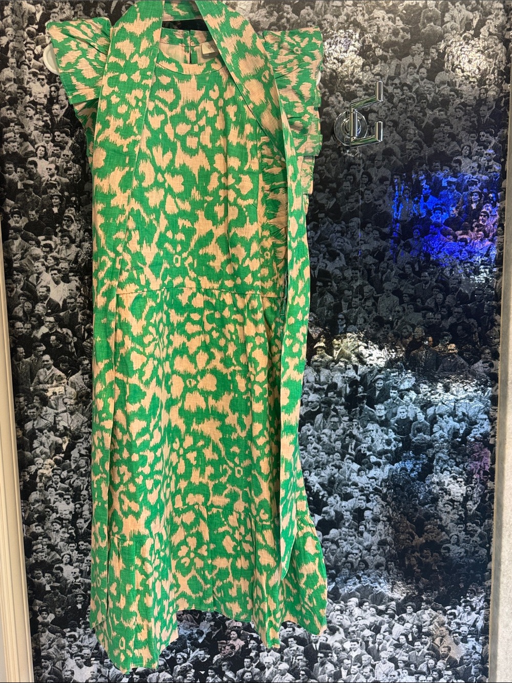 Banjanan Green and Light Pink/Cream Printed Dress with Ruffle Shoulders